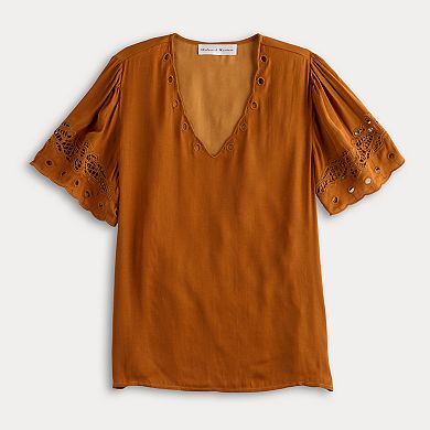 Women's Chelsea & Theodore Short Sleeve V-Neck Eyelet Blouse