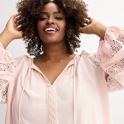 Plus Size Chelsea & Theodore Shirred Tie-Neck Long Sleeve Top