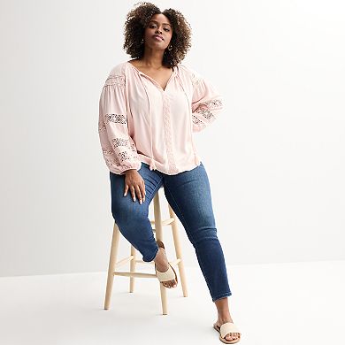 Plus Size Chelsea & Theodore Shirred Tie-Neck Long Sleeve Top