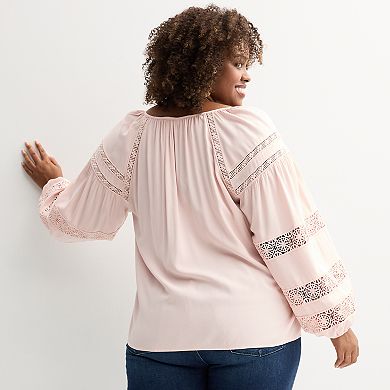 Plus Size Chelsea & Theodore Shirred Tie-Neck Long Sleeve Top