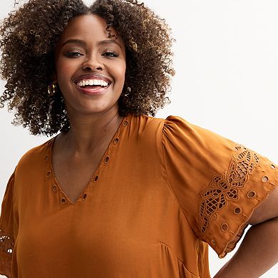 Plus Size Chelsea & Theodore Lace Inset Sleeve V-Neck Airflow Blouse
