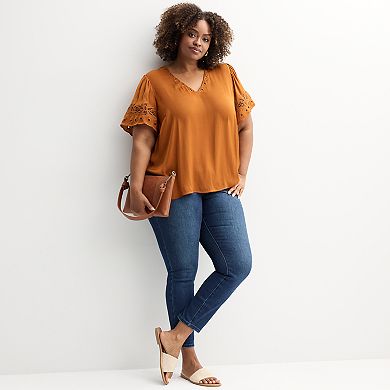 Plus Size Chelsea & Theodore Lace Inset Sleeve V-Neck Airflow Blouse