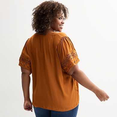 Plus Size Chelsea & Theodore Lace Inset Sleeve V-Neck Airflow Blouse