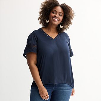 Plus Size Chelsea & Theodore Lace Inset Sleeve V-Neck Airflow Blouse