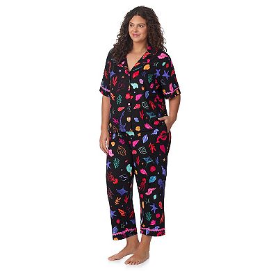 Plus Size Beauty Sleep Social 2-Piece Cozy Notch Pajama Top & Cropped Pajama Pants Set
