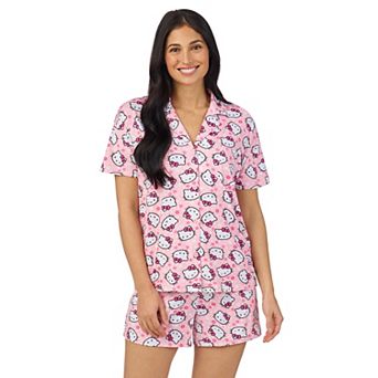 Women's Hello Kitty Short Sleeve Notch Pajama Top and Pajama Shorts Set