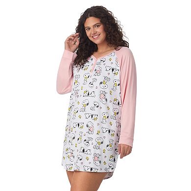 Plus Size Peanuts Snoopy & Woodstock Long Sleeve Henley Sleepshirt