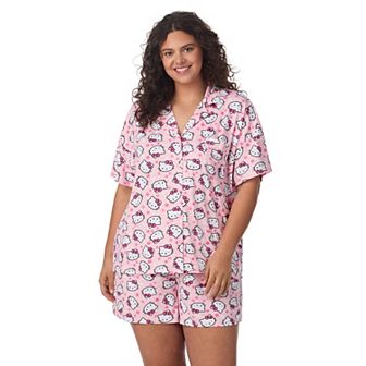 Plus Size Hello Kitty Cozy Short Sleeve Notch Pajama Top & Pajama Shorts Set