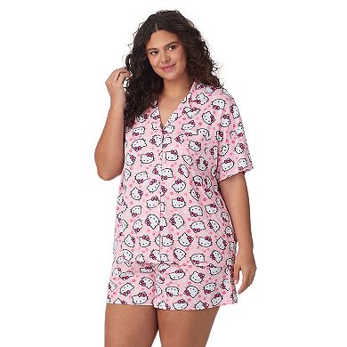 Plus Size Hello Kitty Cozy Short Sleeve Notch Pajama Top & Pajama Shorts Set