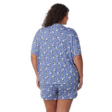 Plus Size Peanuts Snoopy Cozy Short Sleeve Notch Pajama Top & Pajama Shorts Set