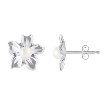 Celebration Gems 10k White Gold Sphere Gemstone Hibiscus Flower Stud Earrings