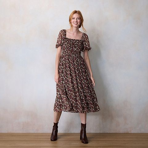 Женские платья LC Lauren Conrad Women's LC Lauren Conrad Square Neck Pleated Bodice Midi Dress