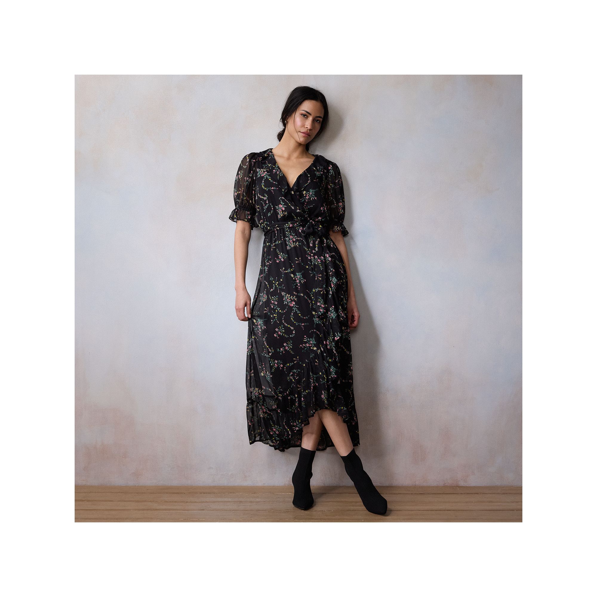 Womens LC Lauren Conrad Ruffled Wrap Floral Maxi Dress, Size: XS, Black Fl