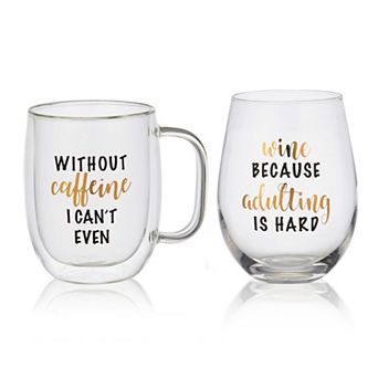 Mikasa "Without Caffeine I Can't Even" Mug & "Wine Because Adulting is Hard" Wine Glass