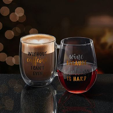Mikasa "Without Caffeine I Can't Even" Mug & "Wine Because Adulting is Hard" Wine Glass