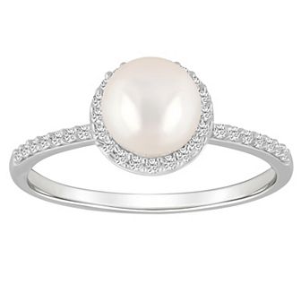 Celebration Gems 10k White Gold Round Freshwater Cultured Pearl & Lab-Created White Sapphire Halo Ring