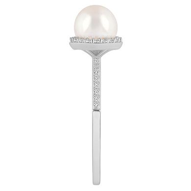 Celebration Gems 10k White Gold Round Freshwater Cultured Pearl & Lab-Created White Sapphire Halo Ring