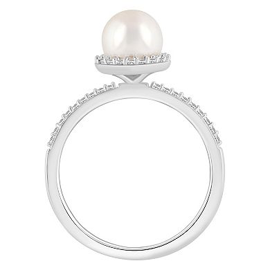 Celebration Gems 10k White Gold Round Freshwater Cultured Pearl & Lab-Created White Sapphire Halo Ring