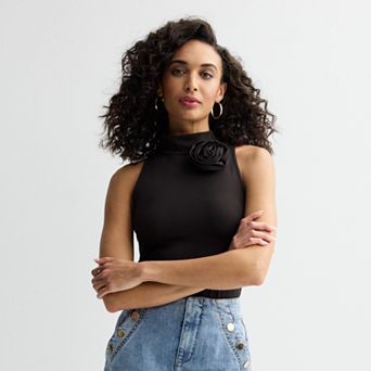 Women's bebe Mock Neck Rosette Tank Top