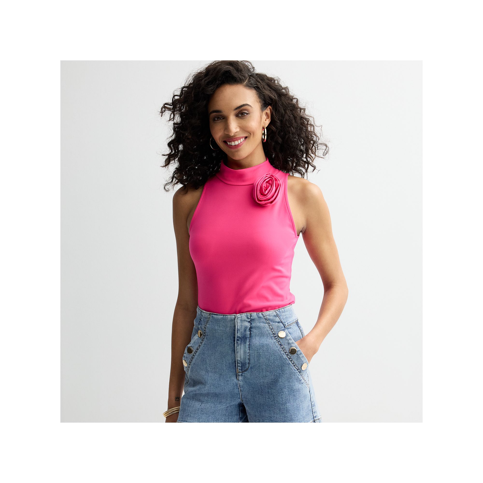 Womens bebe Mock Neck Rosette Tank Top, Size: Small, Pink