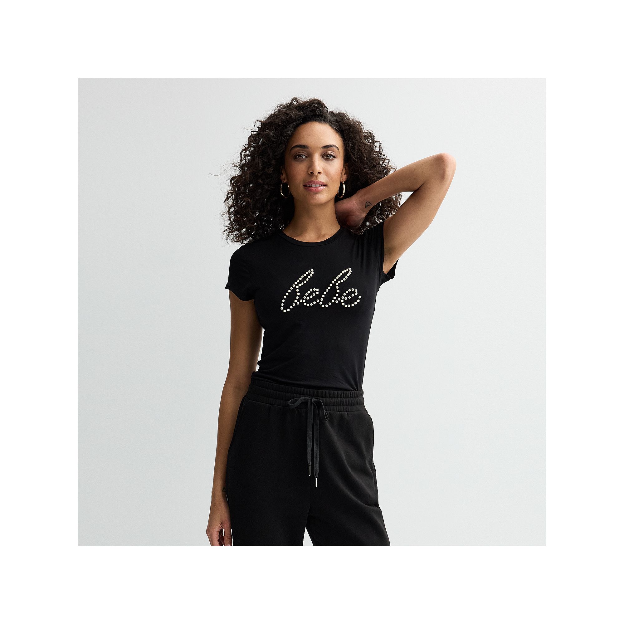 Womens bebe Embellished Crewneck T-Shirt, Size: Small, Black