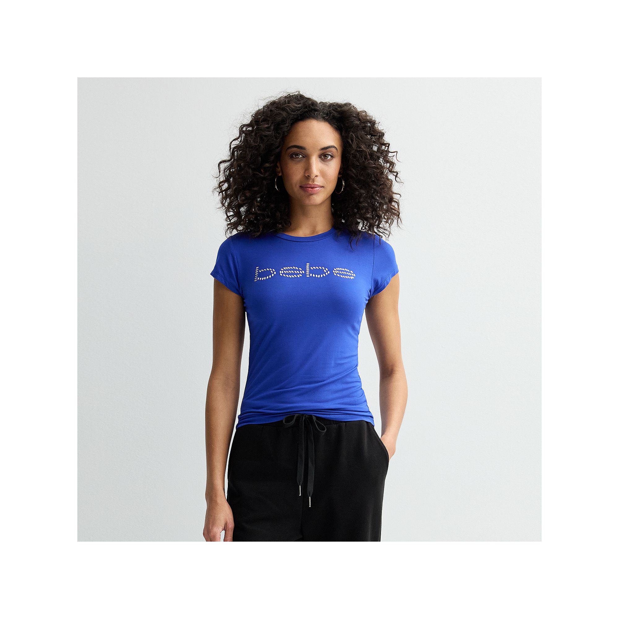 Womens bebe Embellished Crewneck T-Shirt, Size: Small, Blue