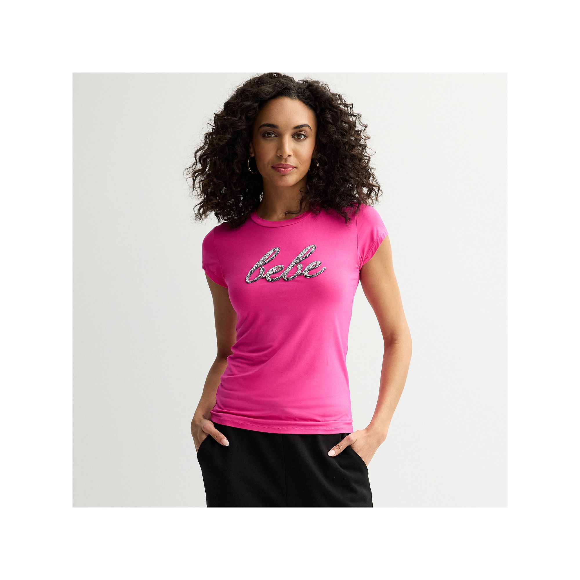 Womens bebe Embellished Crewneck T-Shirt, Size: Small, Pink