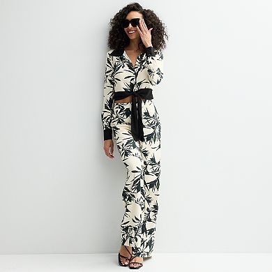 Women's bebe Printed Palm Tie-Front Collared Blouse