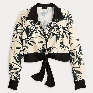 Women's bebe Printed Palm Tie-Front Collared Blouse