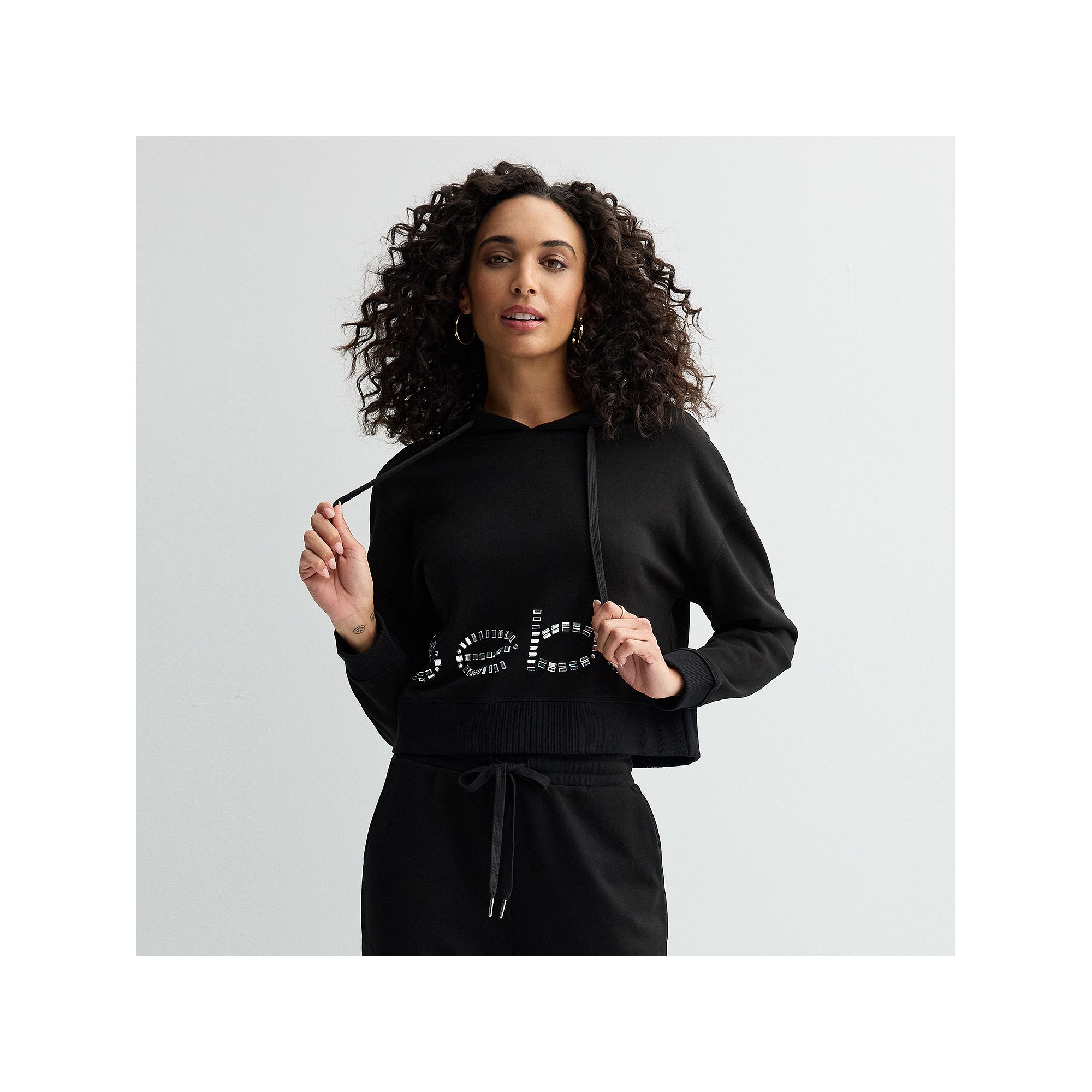Womens bebe Embellished Cropped Hoodie, Size: Small, Black
