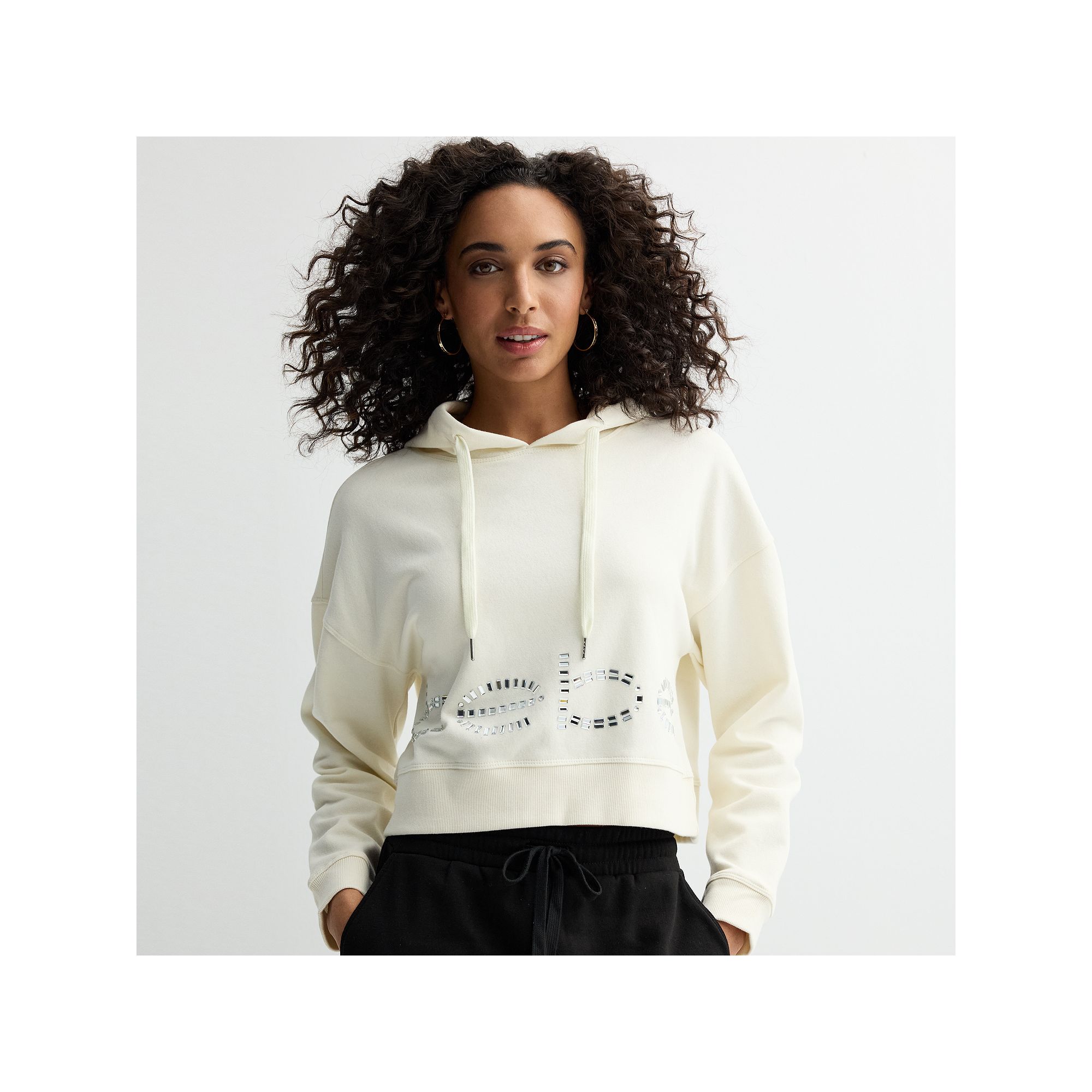 Womens bebe Embellished Cropped Hoodie, Size: Small, White