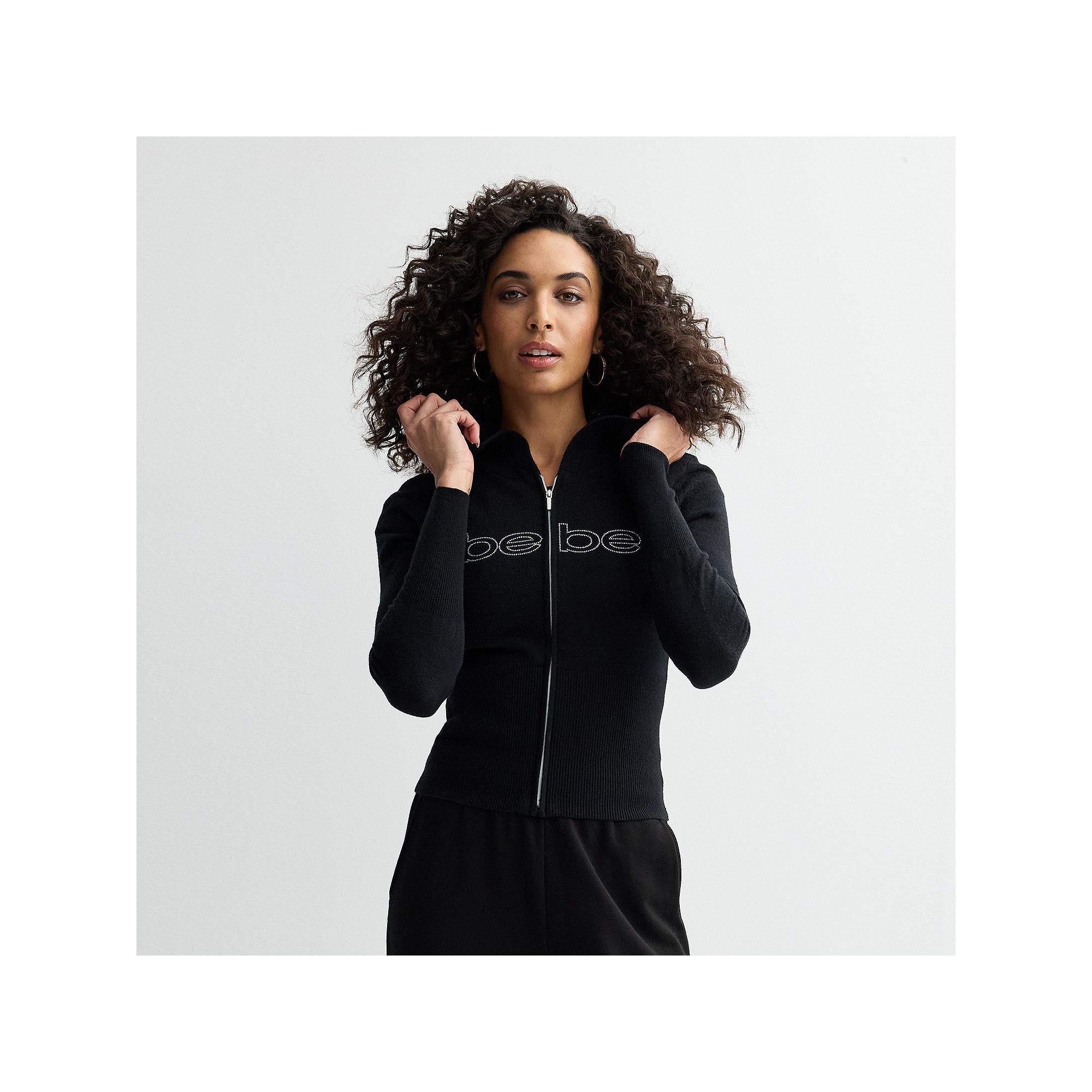 Womens bebe Embellished Full-Zip Hooded Sweater, Size: Small, Black