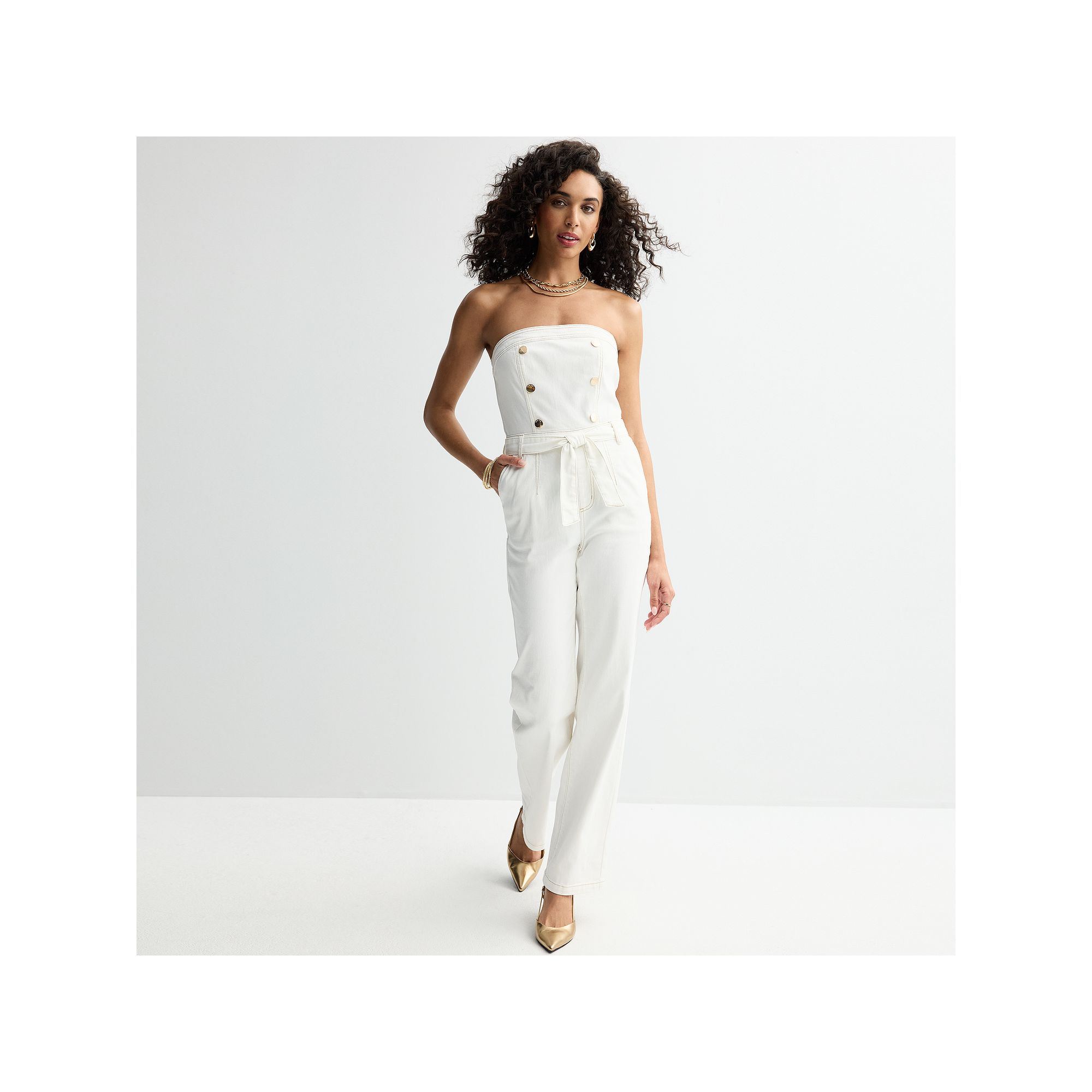 Womens bebe Straight Leg Strapless Denim Jumpsuit, Size: Large, White