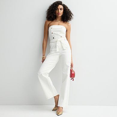 Women's bebe Straight Leg Strapless Denim Jumpsuit