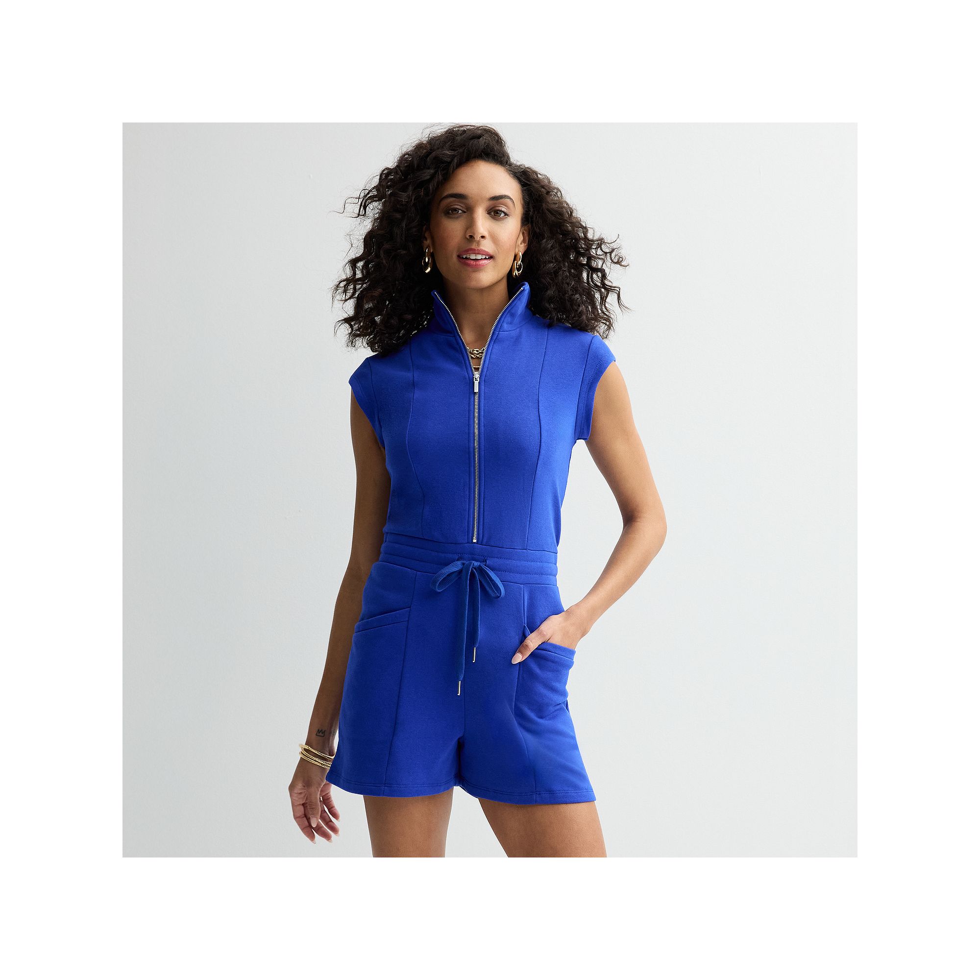 Womens bebe Open Collar Zip-Up Romper, Size: Small, Blue