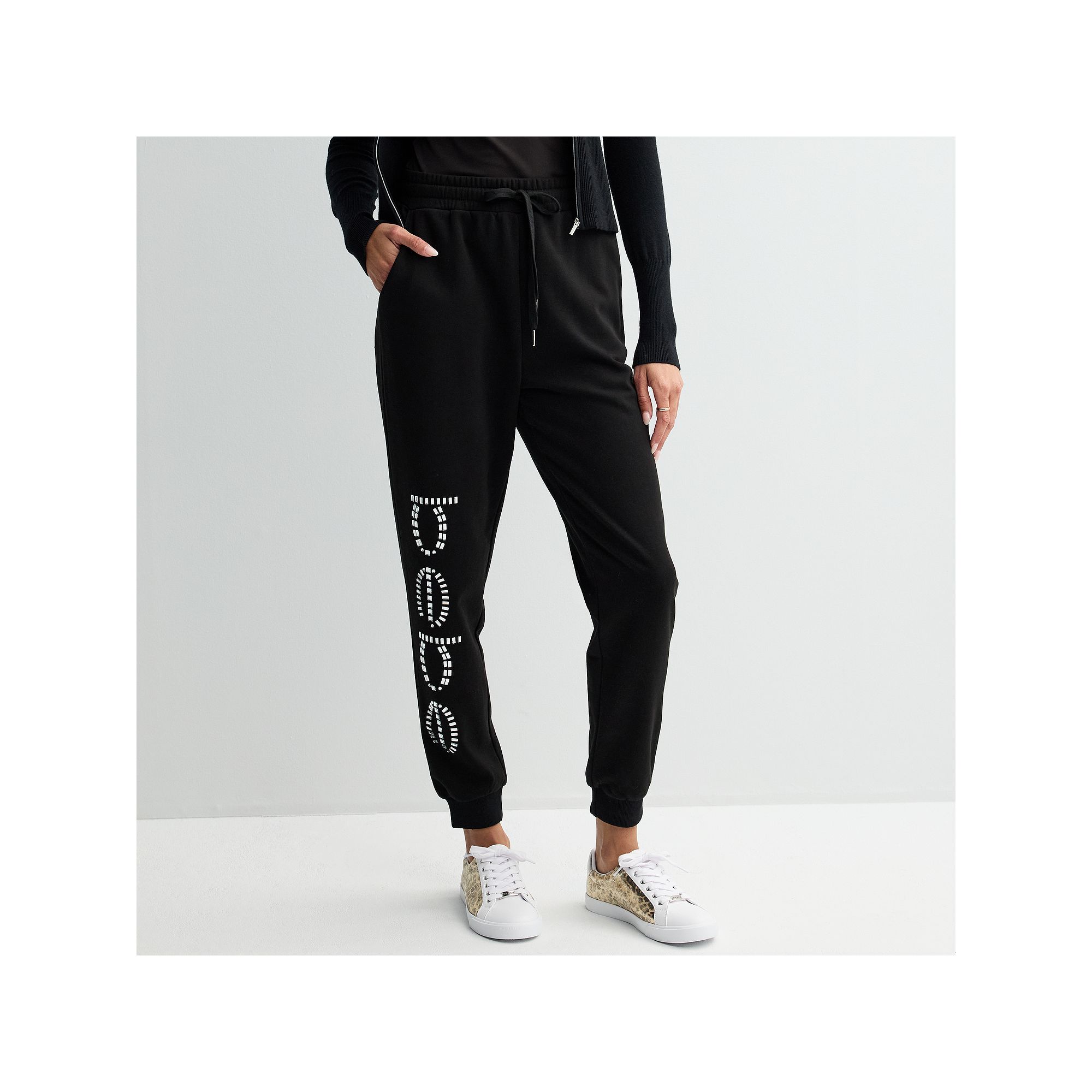 Womens bebe High-Rise Rhinestone Logo Joggers, Size: Small, Black