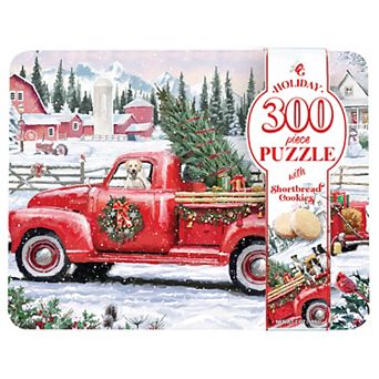 Original Gourmet Christmas Delivery Truck with Puppies 300 pc Puzzle & Tea Cookie Tin
