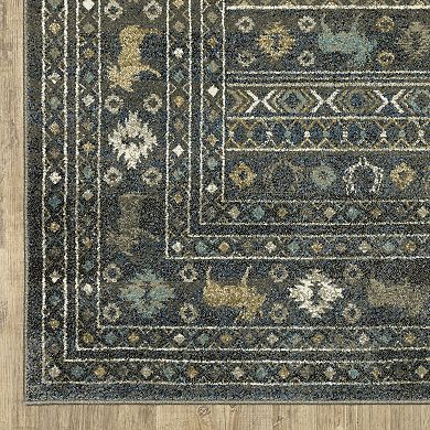 StyleHaven Valor Southwestern Lodge Blue/Gold Fringed Edge Area or Throw Rug
