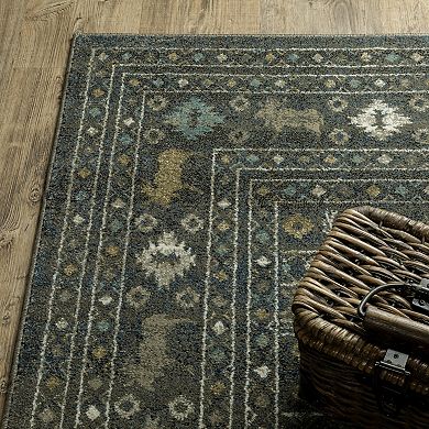 StyleHaven Valor Southwestern Lodge Blue/Gold Fringed Edge Area or Throw Rug