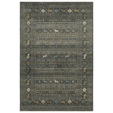 StyleHaven Valor Southwestern Lodge Blue/Gold Fringed Edge Area or Throw Rug