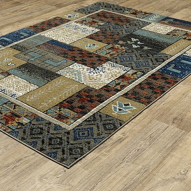 StyleHaven Valor Tribal Patchwork Blue/Multi Fringed Edge Area or Throw Rug