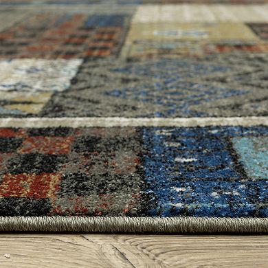 StyleHaven Valor Tribal Patchwork Blue/Multi Fringed Edge Area or Throw Rug