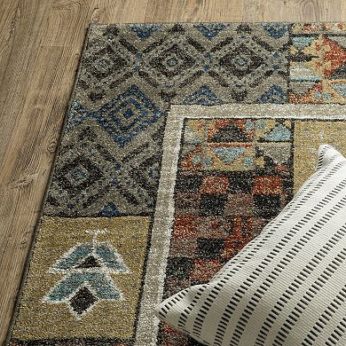 StyleHaven Valor Tribal Patchwork Blue/Multi Fringed Edge Area or Throw Rug