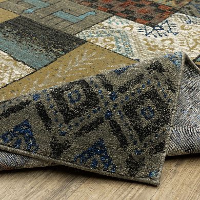 StyleHaven Valor Tribal Patchwork Blue/Multi Fringed Edge Area or Throw Rug