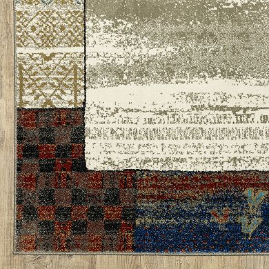 StyleHaven Valor Tribal Patchwork Border Beige/Multi Fringed Edge Area or Throw Rug