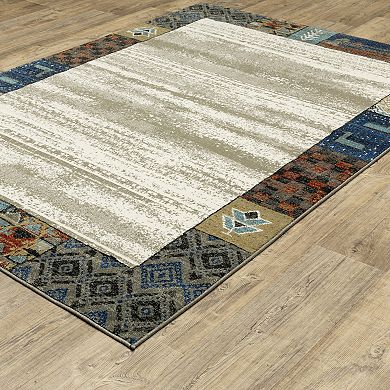 StyleHaven Valor Tribal Patchwork Border Beige/Multi Fringed Edge Area or Throw Rug