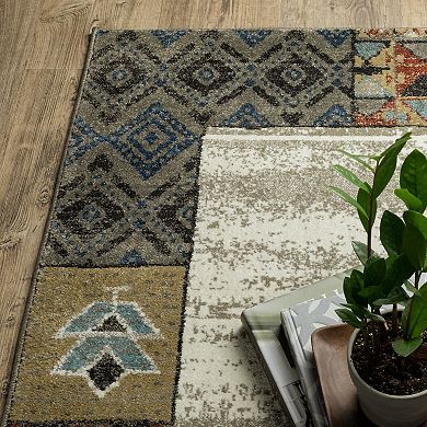 StyleHaven Valor Tribal Patchwork Border Beige/Multi Fringed Edge Area or Throw Rug