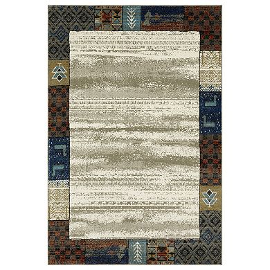 StyleHaven Valor Tribal Patchwork Border Beige/Multi Fringed Edge Area or Throw Rug