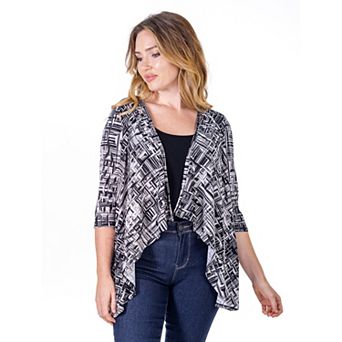 Women's 24Seven Comfort Apparel Black Print Elbow Length Sleeve Open Cardigan