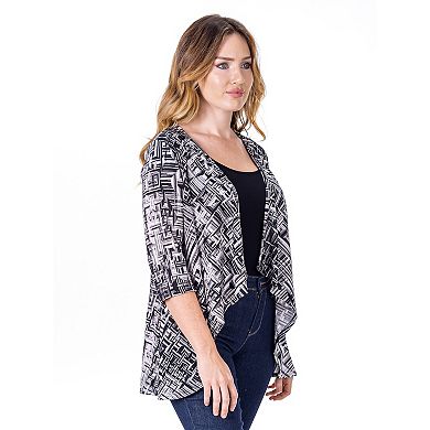 Women's 24Seven Comfort Apparel Black Print Elbow Length Sleeve Open Cardigan